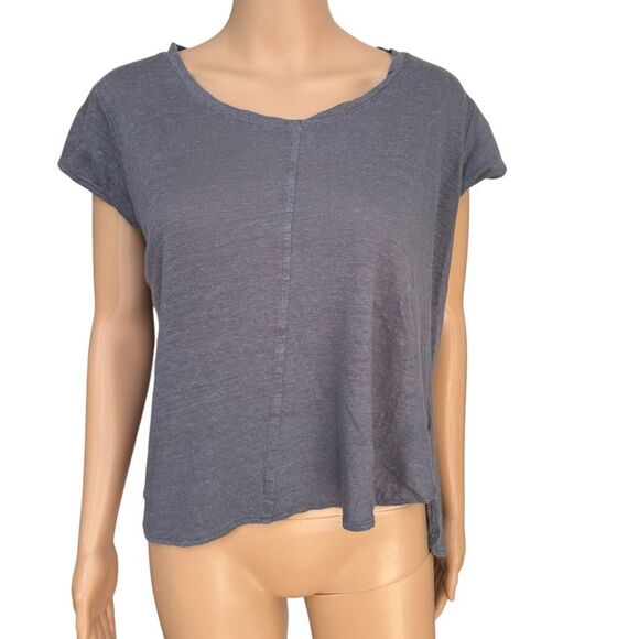 Tahari 100% linen gray Top shirt Linen Asymmetrical Hem Short Sleeve size M - Picture 1 of 7